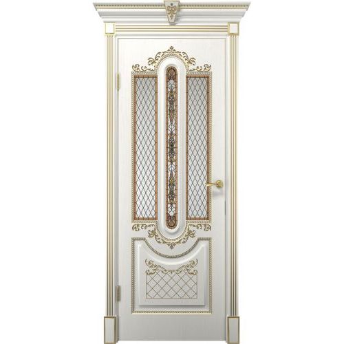 Межкомнатная дверь Двери Холл, Олимпия. Цвет - белое дерево с патиной золото. Стекло - фотопечать.