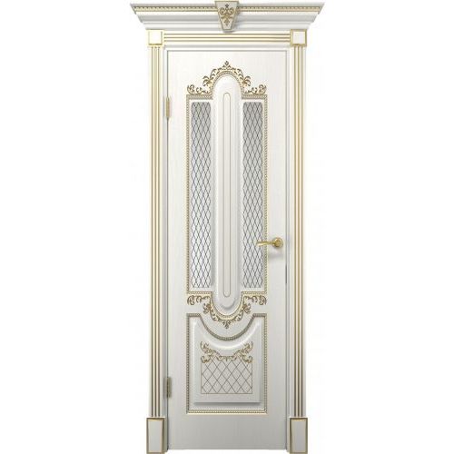 Межкомнатная дверь Двери Холл, Олимпия. Цвет - белое дерево с патиной золото. Стекло - фотопечать. ( Полотно 600 мм ).