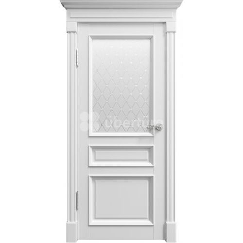 Межкомнатная дверь Uberture (Убертюре), Римини ПДО 80001. Цвет - серена белый. Стекло - витраж с серебристым глиттером.