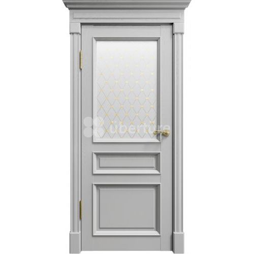 Межкомнатная дверь Uberture (Убертюре), Римини ПДО 80001. Цвет - серена светло-серый. Стекло - витраж с золотистым глиттером.