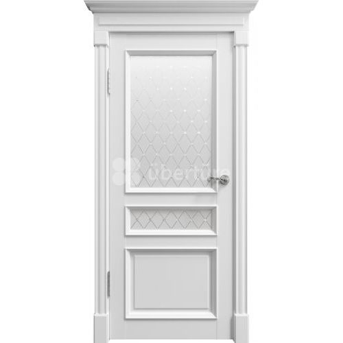 Межкомнатная дверь Uberture (Убертюре), Римини ПДО 80003. Цвет - серена белый. Стекло - витраж с серебристым глиттером.