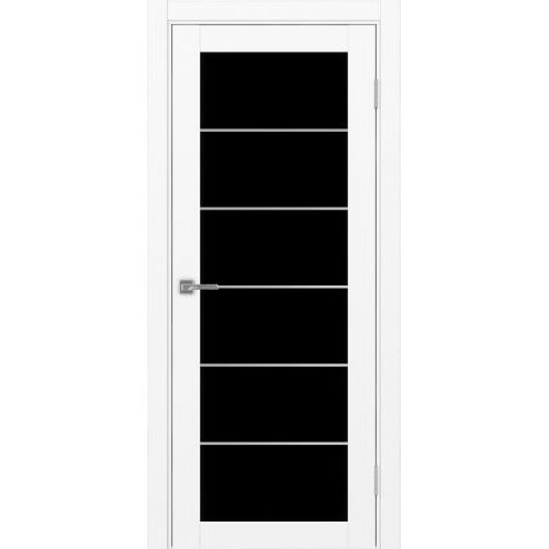 Межкомнатная дверь Optima Porte, Турин 501.2 АСС. Цвет - белый снежный. Молдинг хром. Стекло - лакобель черный.