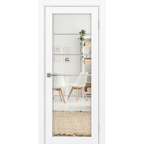 Межкомнатная дверь Optima Porte, Турин 501.2 АСС. Цвет - белый снежный. Молдинг хром. Зеркало.
