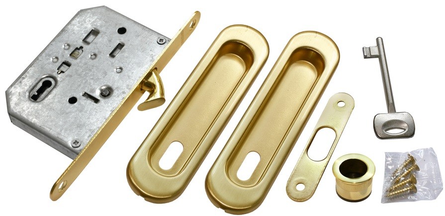 Ручки для раздвижных дверей с ключом Morelli MHS 150 L. Цвет - золото матовое.