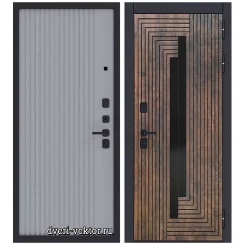 Входная дверь Волга Бункер, Сенти, черный муар / палермо брум с патиной / софт серый