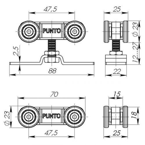 Комплект роликов для раздвижных дверей Punto Soft Line 45/4. Схема.